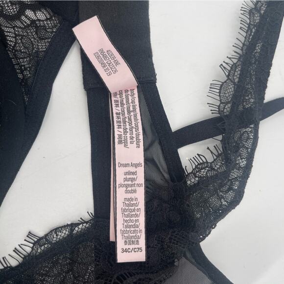 VICTORIA’S SECRET Bra Size 34C Black Lace Dream Angels Plunge Semi Lined Sexy - Picture 12 of 16